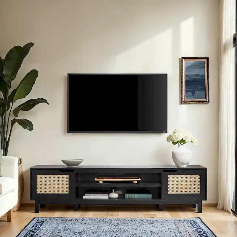Scandi Faux Rattan Door TV Stand with Open Cubbies & Cabinets