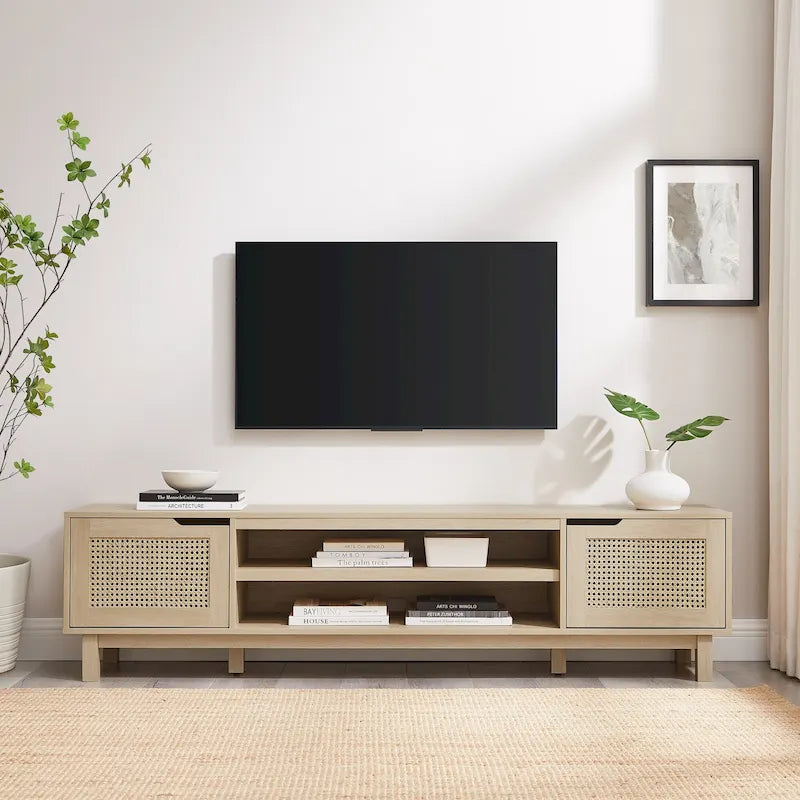 Scandi Faux Rattan Door TV Stand with Open Cubbies & Cabinets