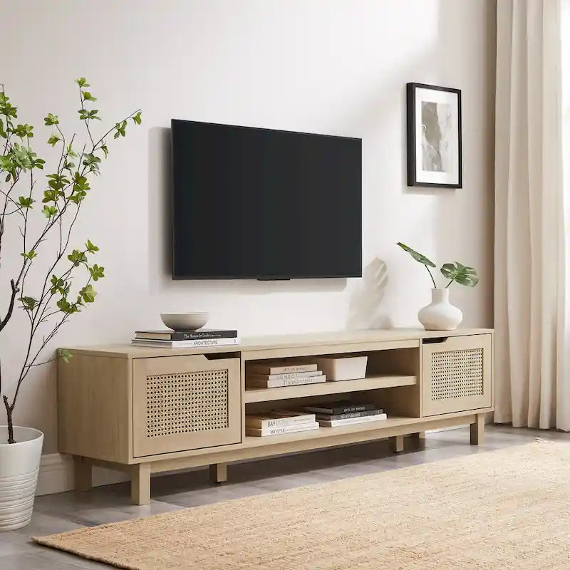 Scandi Faux Rattan Door TV Stand with Open Cubbies & Cabinets