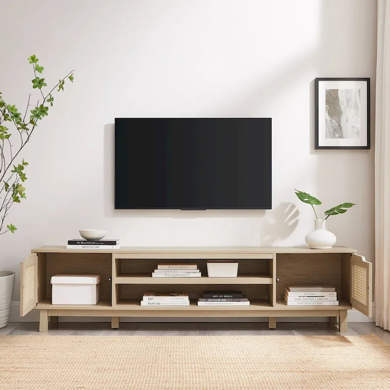 Scandi Faux Rattan Door TV Stand with Open Cubbies & Cabinets