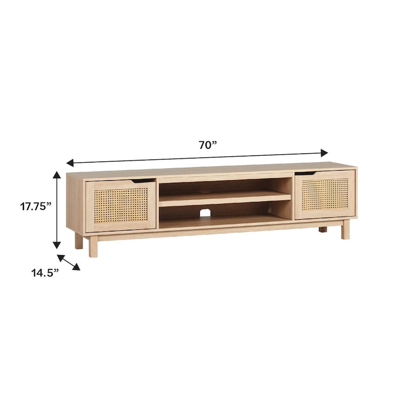 Scandi Faux Rattan Door TV Stand with Open Cubbies & Cabinets