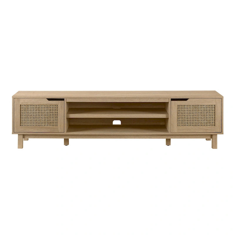 Scandi Faux Rattan Door TV Stand with Open Cubbies & Cabinets