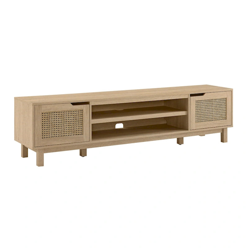Scandi Faux Rattan Door TV Stand with Open Cubbies & Cabinets