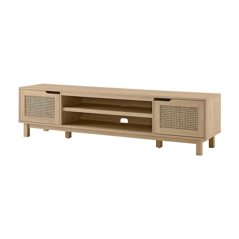 Scandi Faux Rattan Door TV Stand with Open Cubbies & Cabinets