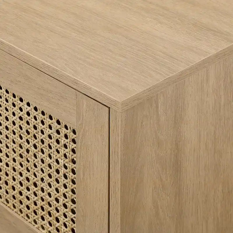 Scandi Faux Rattan Door TV Stand with Open Cubbies & Cabinets