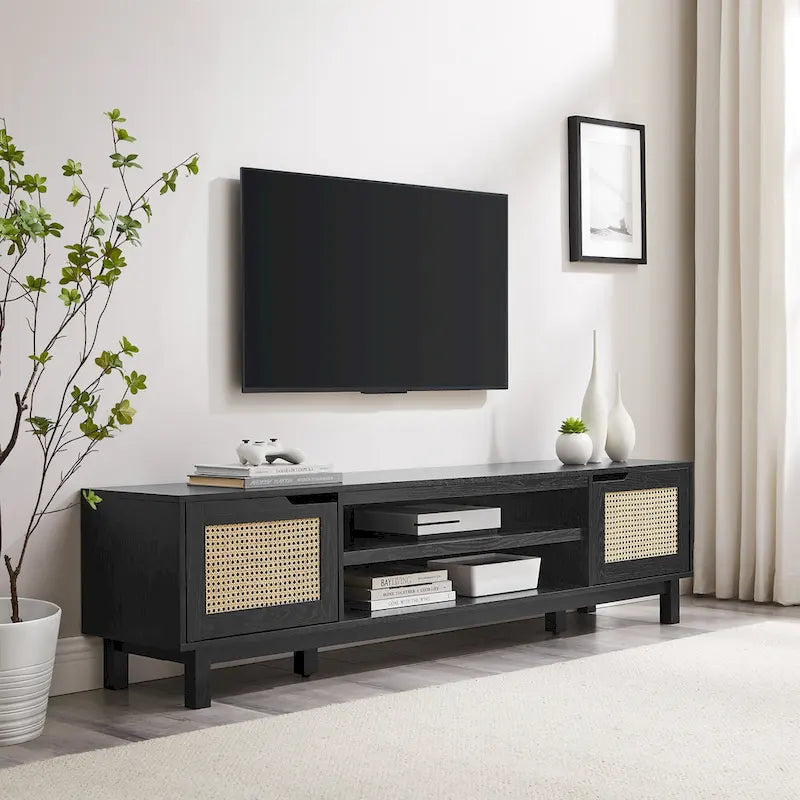 Scandi Faux Rattan Door TV Stand with Open Cubbies & Cabinets