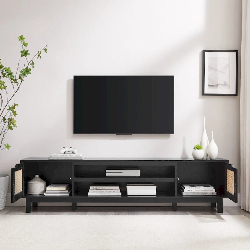 Scandi Faux Rattan Door TV Stand with Open Cubbies & Cabinets