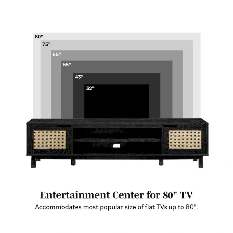 Scandi Faux Rattan Door TV Stand with Open Cubbies & Cabinets
