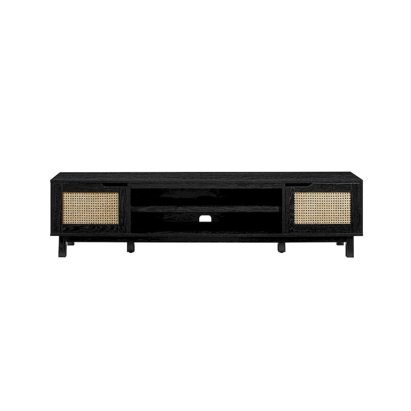 Scandi Faux Rattan Door TV Stand with Open Cubbies & Cabinets