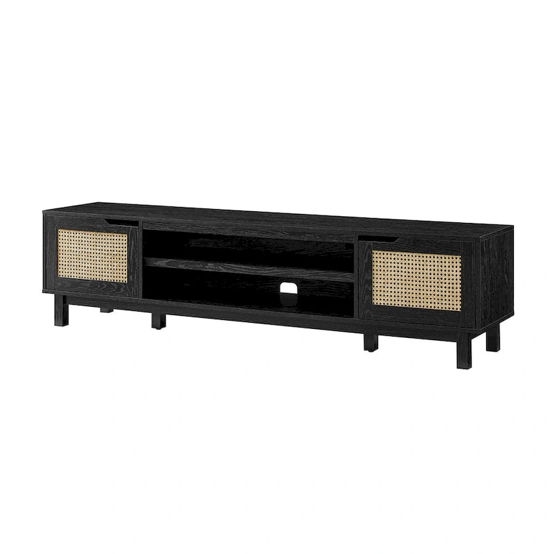 Scandi Faux Rattan Door TV Stand with Open Cubbies & Cabinets