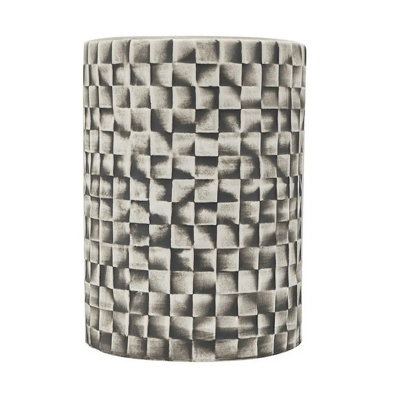 Ceramic Cylindrical Stool Side Table with 3D Geometric Texture 18"
