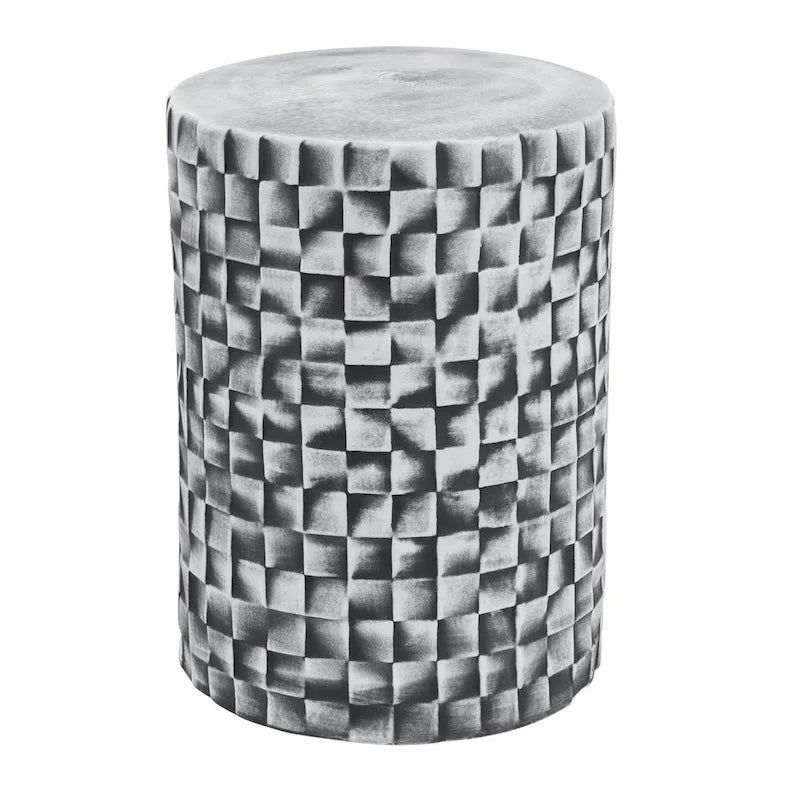 Ceramic Cylindrical Stool Side Table with 3D Geometric Texture 18"