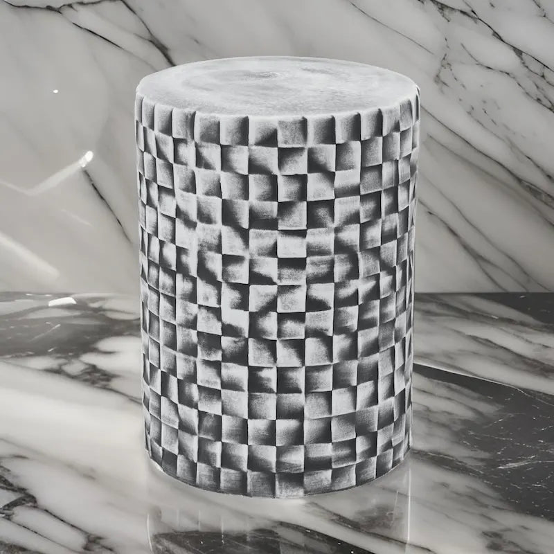 Ceramic Cylindrical Stool Side Table with 3D Geometric Texture 18"