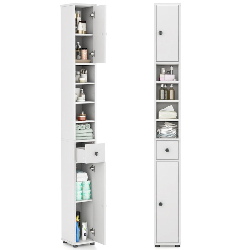 Engineered Wood Tall Slim Bathroom Linen Tower with Drawer & Adjustable Shelves 71"