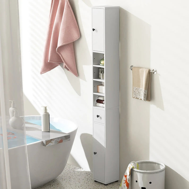 Engineered Wood Tall Slim Bathroom Linen Tower with Drawer & Adjustable Shelves 71"