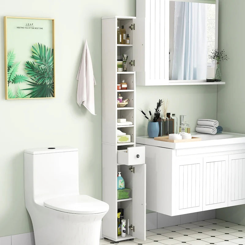 Engineered Wood Tall Slim Bathroom Linen Tower with Drawer & Adjustable Shelves 71"