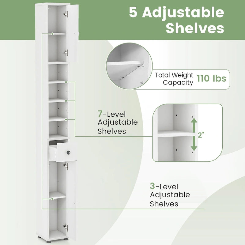 Engineered Wood Tall Slim Bathroom Linen Tower with Drawer & Adjustable Shelves 71"