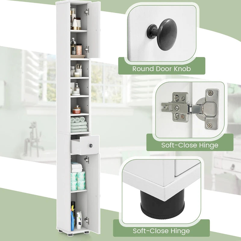 Engineered Wood Tall Slim Bathroom Linen Tower with Drawer & Adjustable Shelves 71"