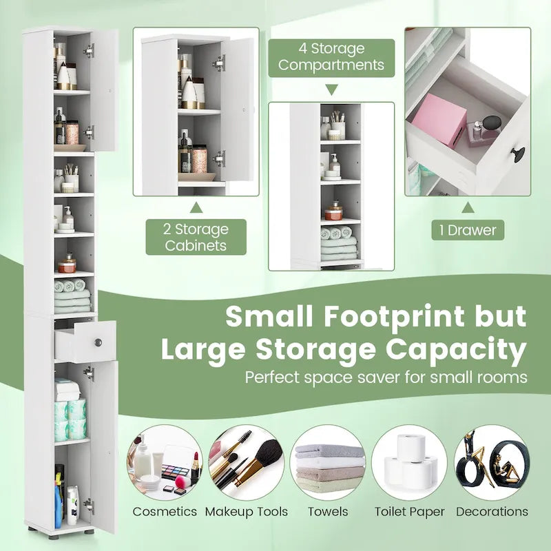 Engineered Wood Tall Slim Bathroom Linen Tower with Drawer & Adjustable Shelves 71"