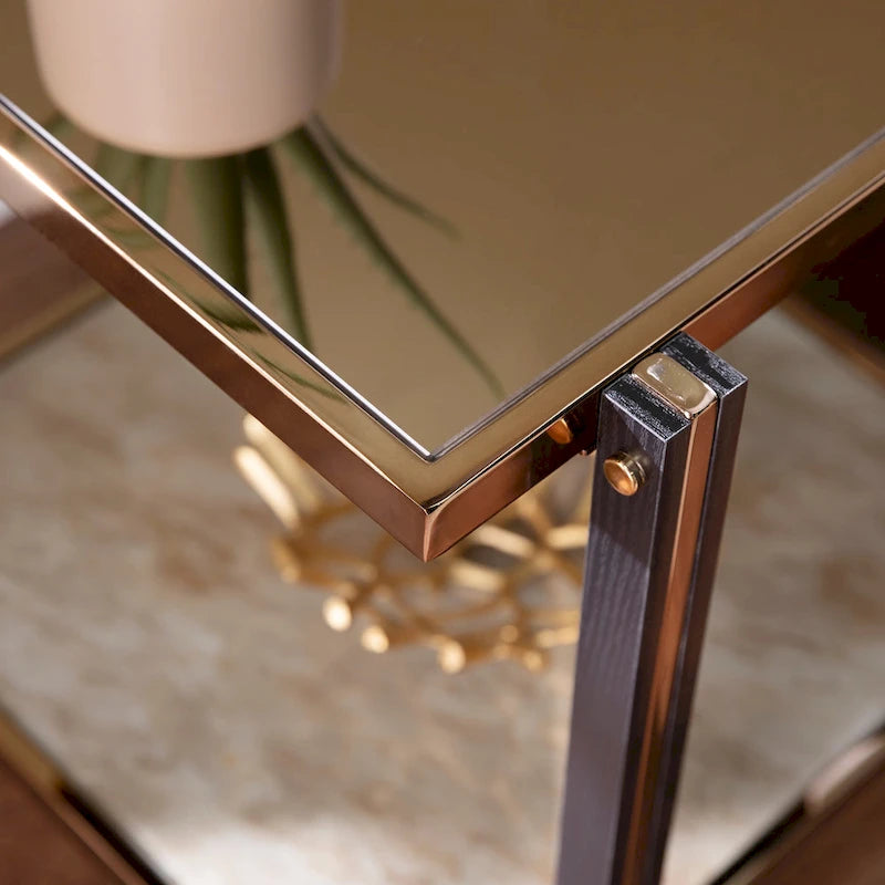 Smoked Mirror & Faux Marble Glass Side Table with Metal Frame