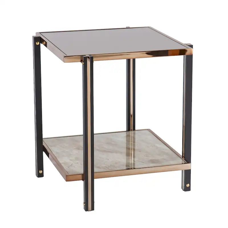 Smoked Mirror & Faux Marble Glass Side Table with Metal Frame