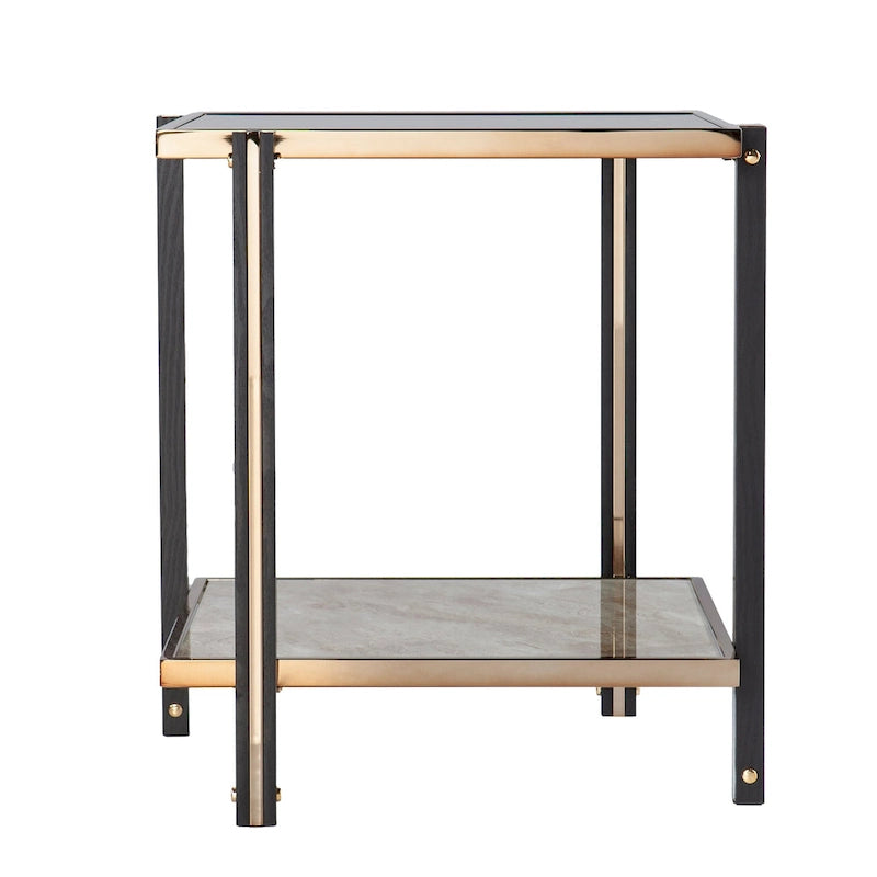 Smoked Mirror & Faux Marble Glass Side Table with Metal Frame