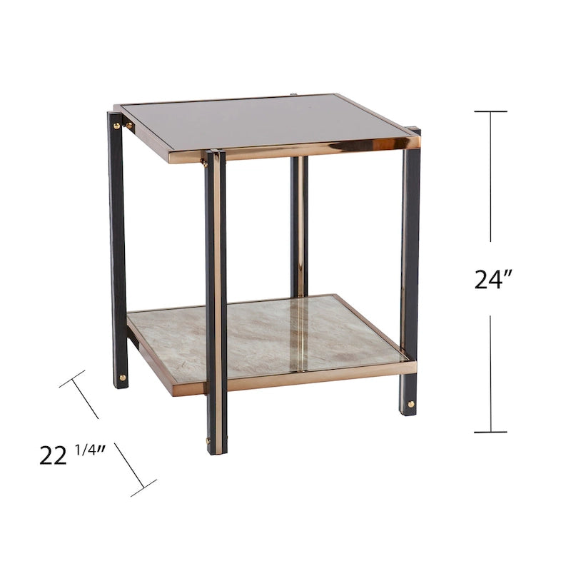 Smoked Mirror & Faux Marble Glass Side Table with Metal Frame