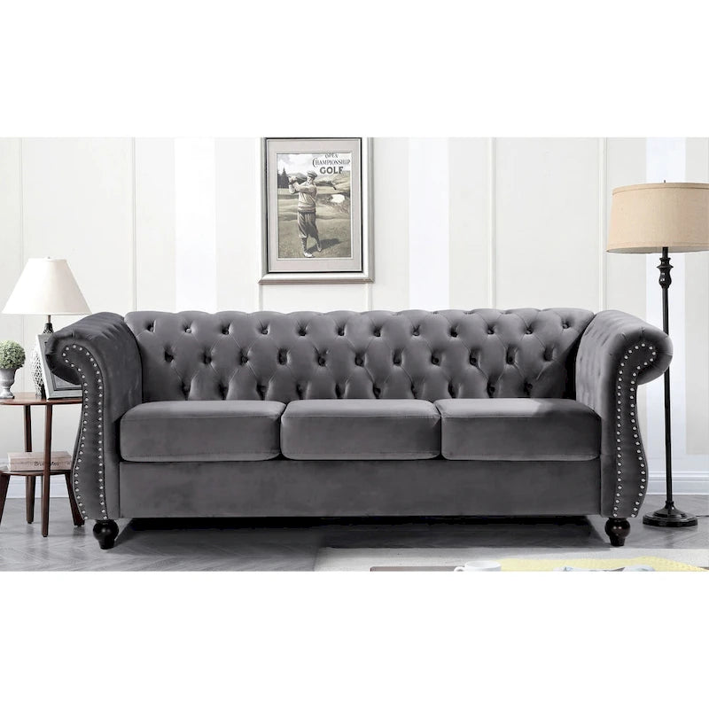 Crushed Velvet & Wood Frame Chesterfield Sofa with Button Tufting & Nailhead Trim 82.6"