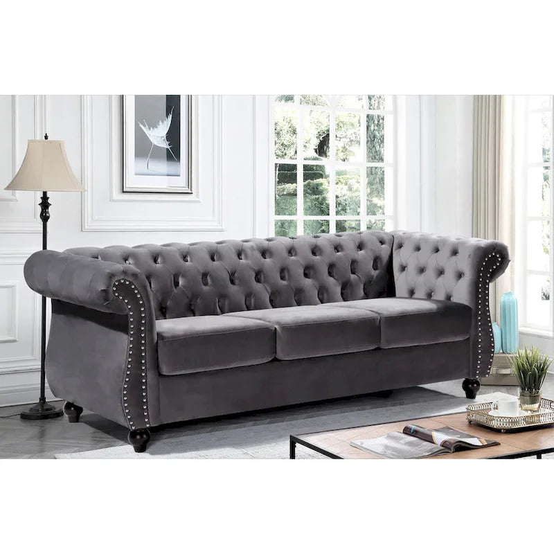 Crushed Velvet & Wood Frame Chesterfield Sofa with Button Tufting & Nailhead Trim 82.6"