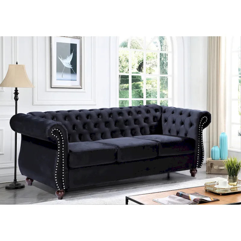 Crushed Velvet & Wood Frame Chesterfield Sofa with Button Tufting & Nailhead Trim 82.6"