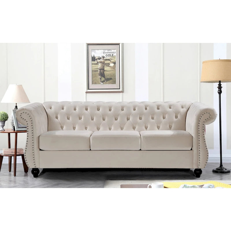 Crushed Velvet & Wood Frame Chesterfield Sofa with Button Tufting & Nailhead Trim 82.6"
