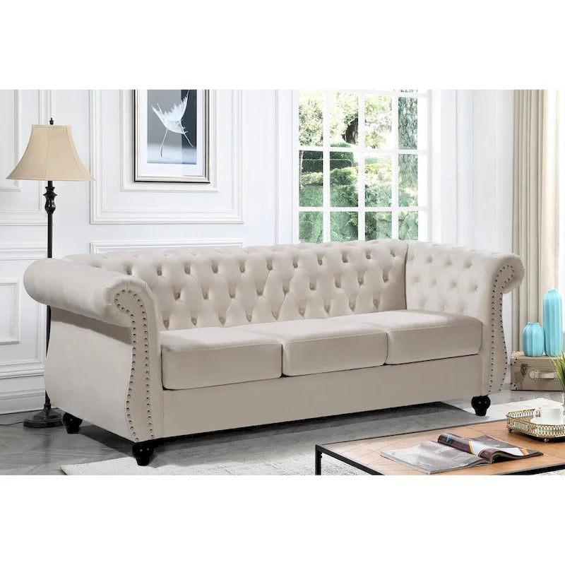 Crushed Velvet & Wood Frame Chesterfield Sofa with Button Tufting & Nailhead Trim 82.6"