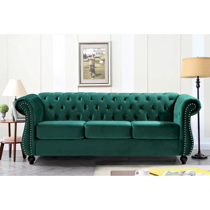 Crushed Velvet & Wood Frame Chesterfield Sofa with Button Tufting & Nailhead Trim 82.6"