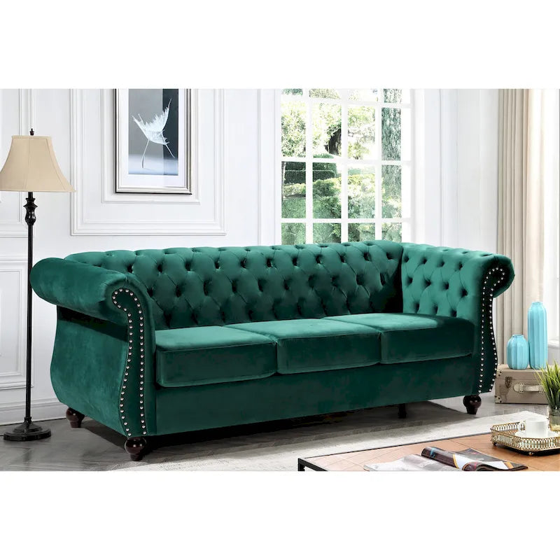 Crushed Velvet & Wood Frame Chesterfield Sofa with Button Tufting & Nailhead Trim 82.6"