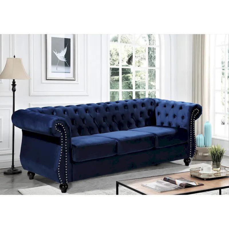 Crushed Velvet & Wood Frame Chesterfield Sofa with Button Tufting & Nailhead Trim 82.6"