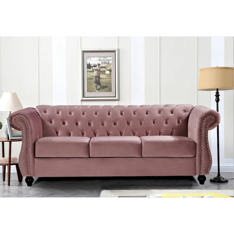 Crushed Velvet & Wood Frame Chesterfield Sofa with Button Tufting & Nailhead Trim 82.6"