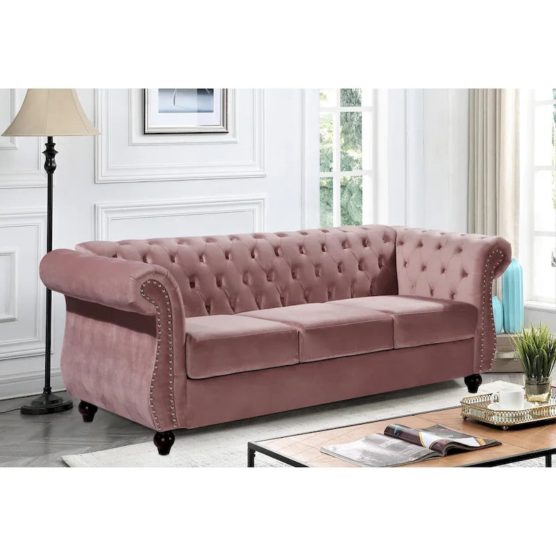 Crushed Velvet & Wood Frame Chesterfield Sofa with Button Tufting & Nailhead Trim 82.6"