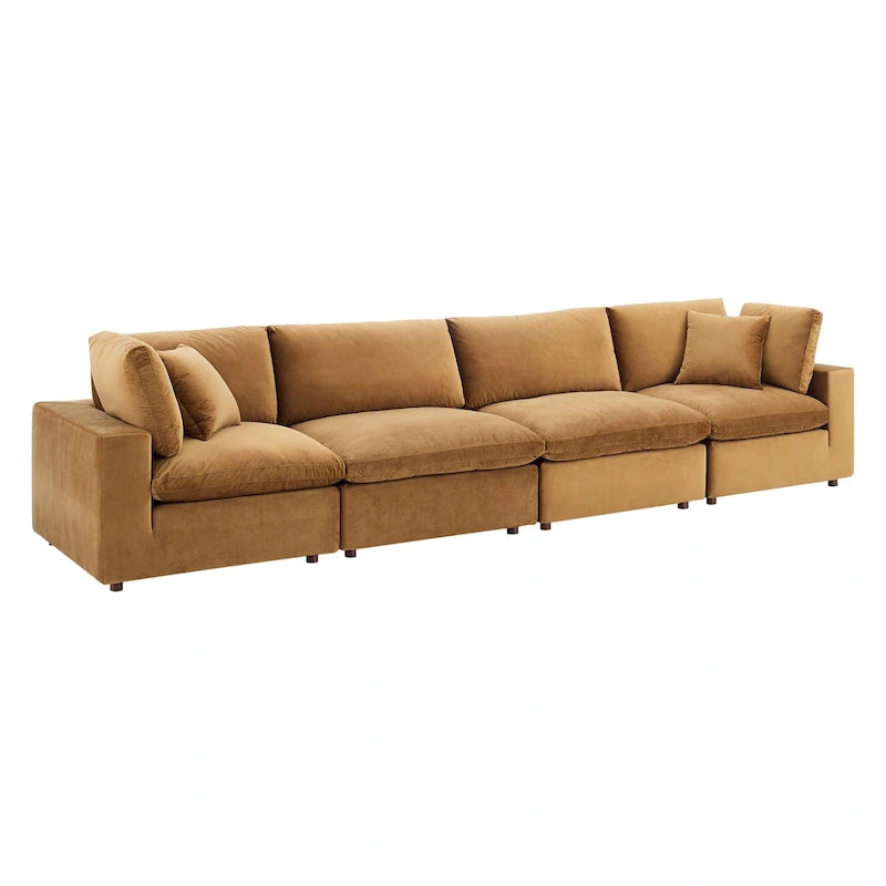 Performance Velvet & Down Feather Overstuffed 4-Seater Sofa with Black Metal Legs