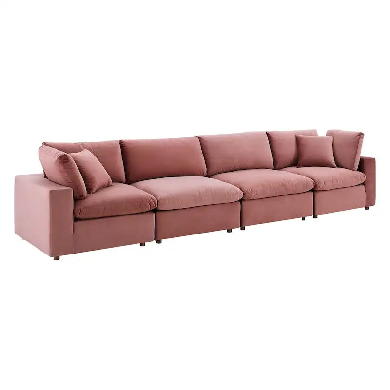 Performance Velvet & Down Feather Overstuffed 4-Seater Sofa with Black Metal Legs