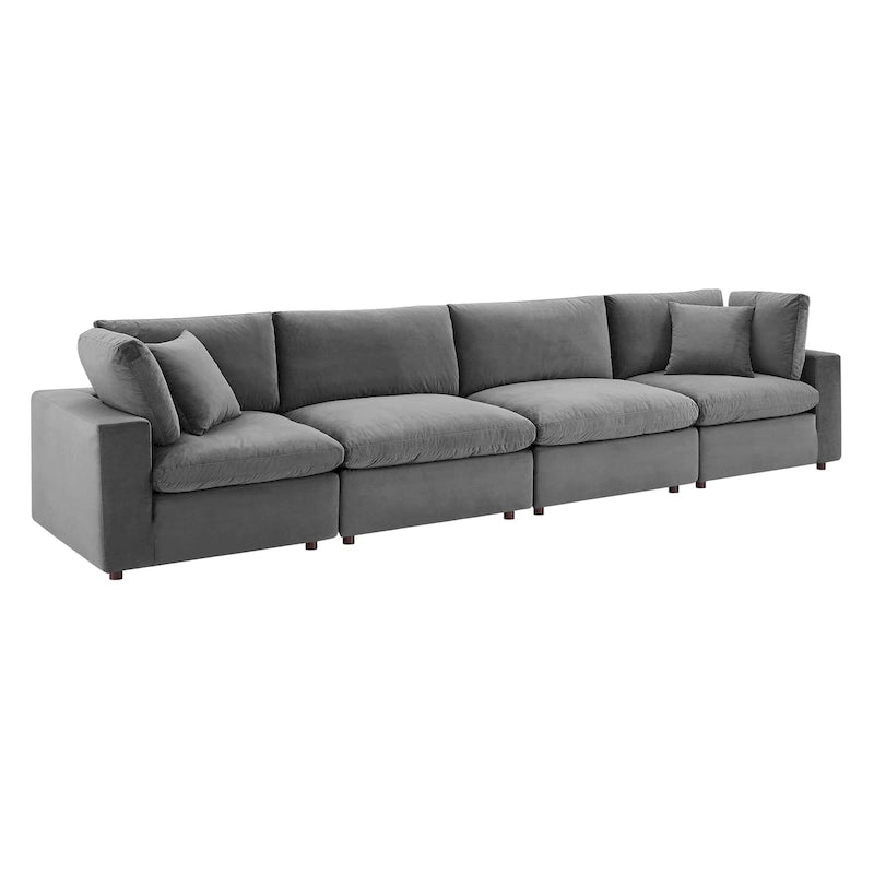 Performance Velvet & Down Feather Overstuffed 4-Seater Sofa with Black Metal Legs