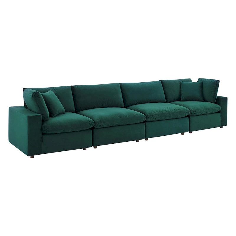 Performance Velvet & Down Feather Overstuffed 4-Seater Sofa with Black Metal Legs