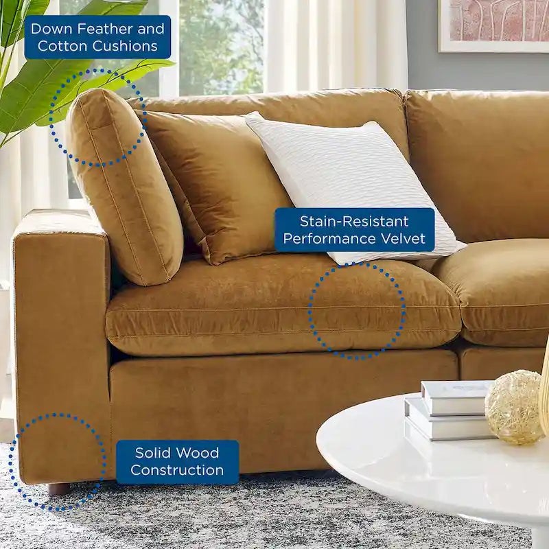 Performance Velvet & Down Feather Overstuffed 4-Seater Sofa with Black Metal Legs
