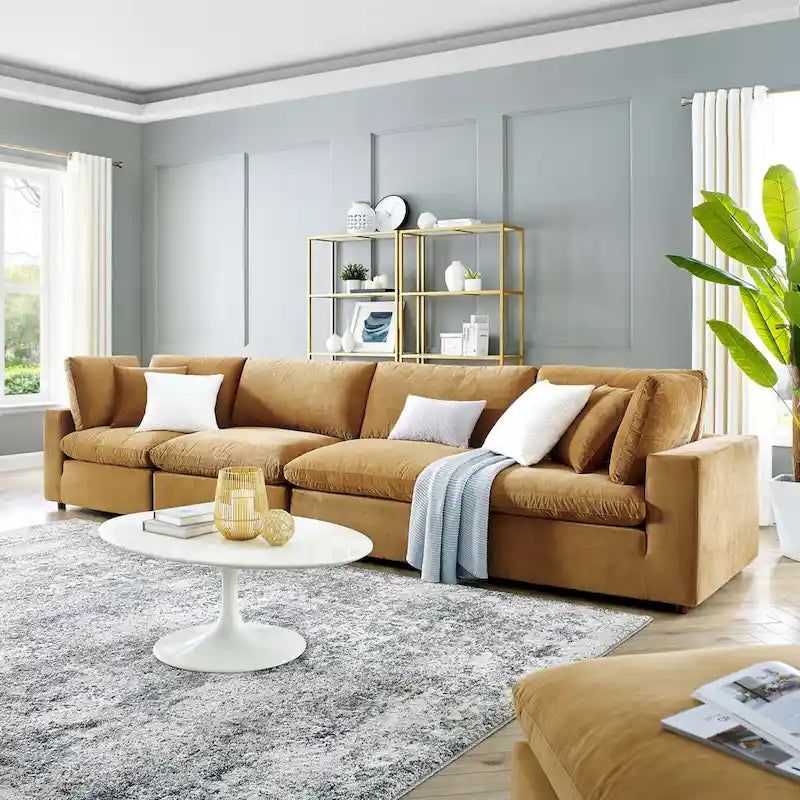 Performance Velvet & Down Feather Overstuffed 4-Seater Sofa with Black Metal Legs