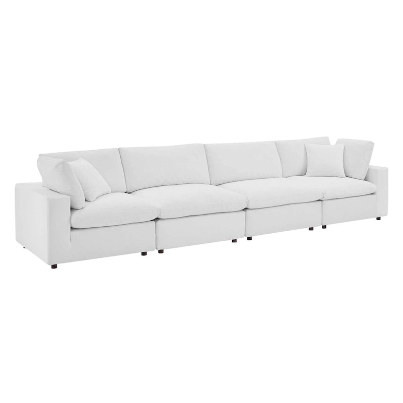 Performance Velvet & Down Feather Overstuffed 4-Seater Sofa with Black Metal Legs