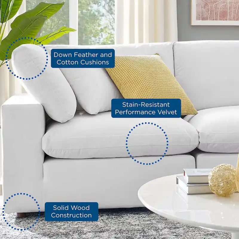 Performance Velvet & Down Feather Overstuffed 4-Seater Sofa with Black Metal Legs