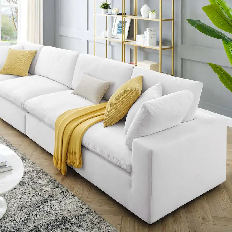 Performance Velvet & Down Feather Overstuffed 4-Seater Sofa with Black Metal Legs