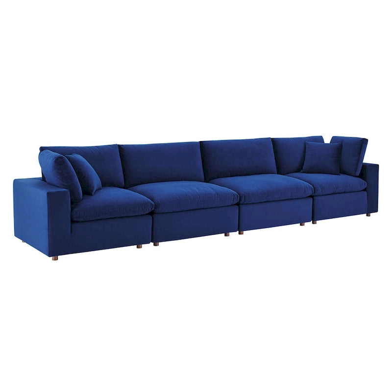 Performance Velvet & Down Feather Overstuffed 4-Seater Sofa with Black Metal Legs