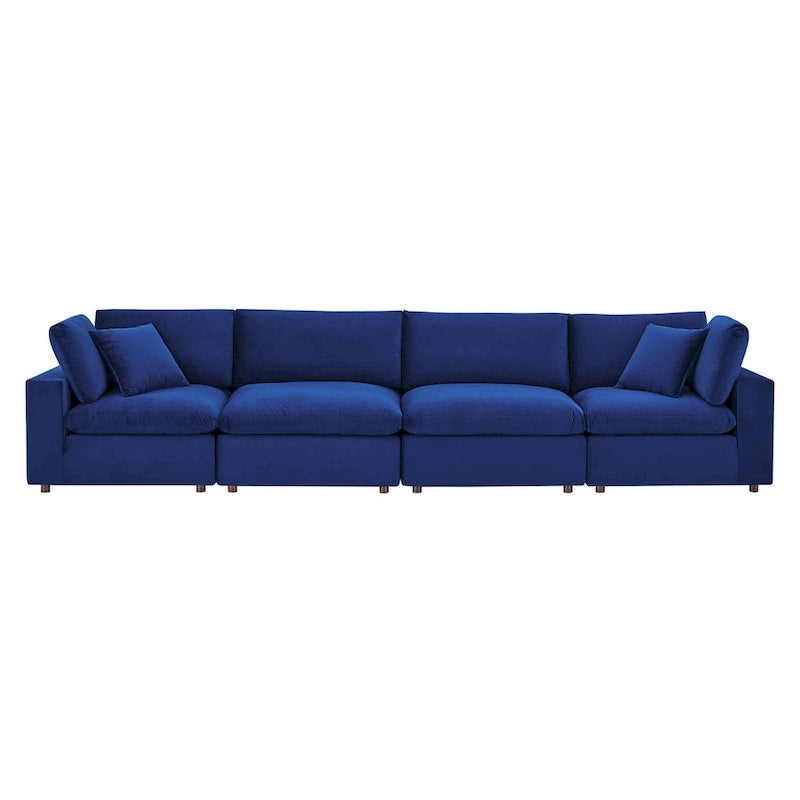 Performance Velvet & Down Feather Overstuffed 4-Seater Sofa with Black Metal Legs