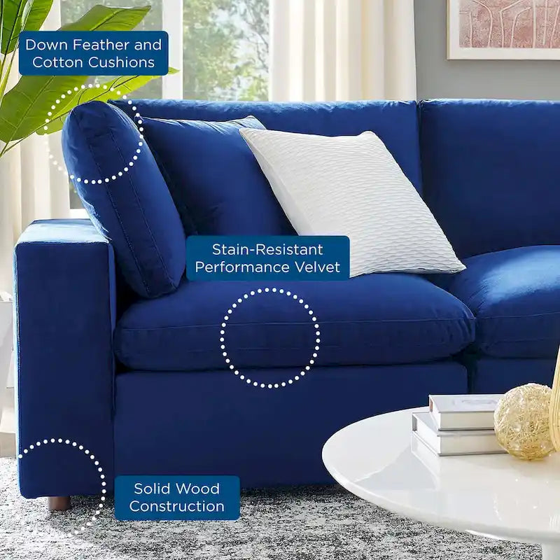 Performance Velvet & Down Feather Overstuffed 4-Seater Sofa with Black Metal Legs