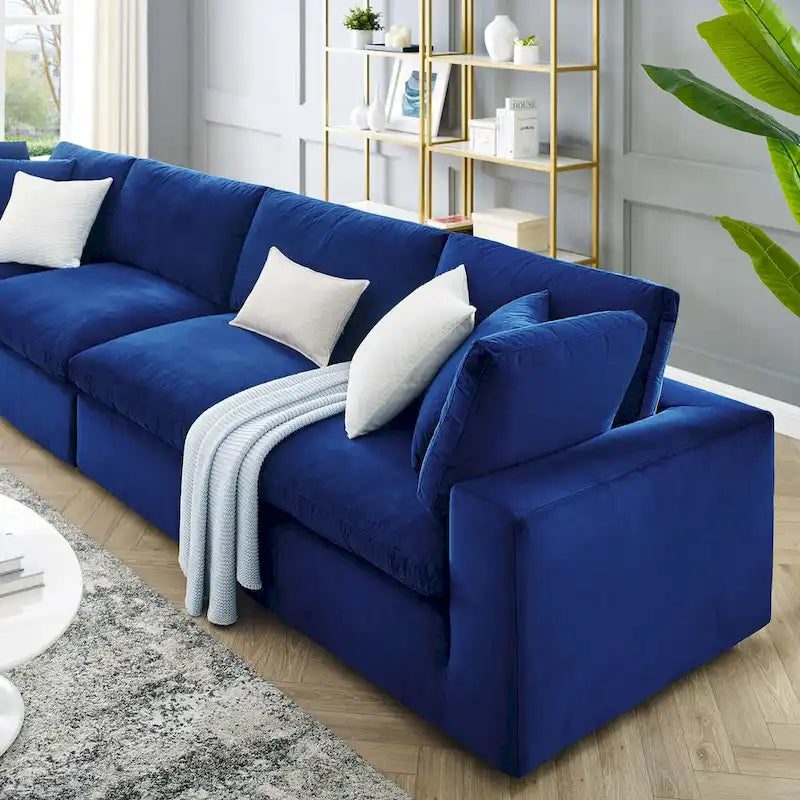 Performance Velvet & Down Feather Overstuffed 4-Seater Sofa with Black Metal Legs